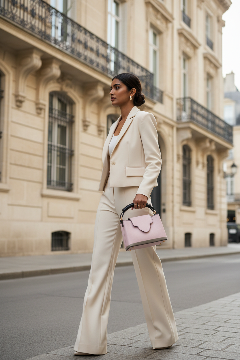 South Asian woman with pink handbag, architecture background