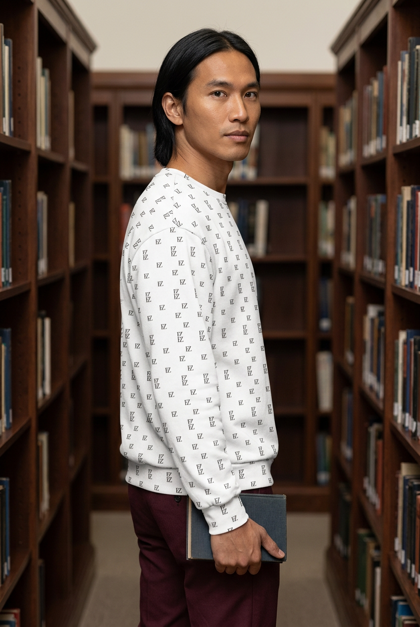Southeast Asian man turning toward the camera in a library