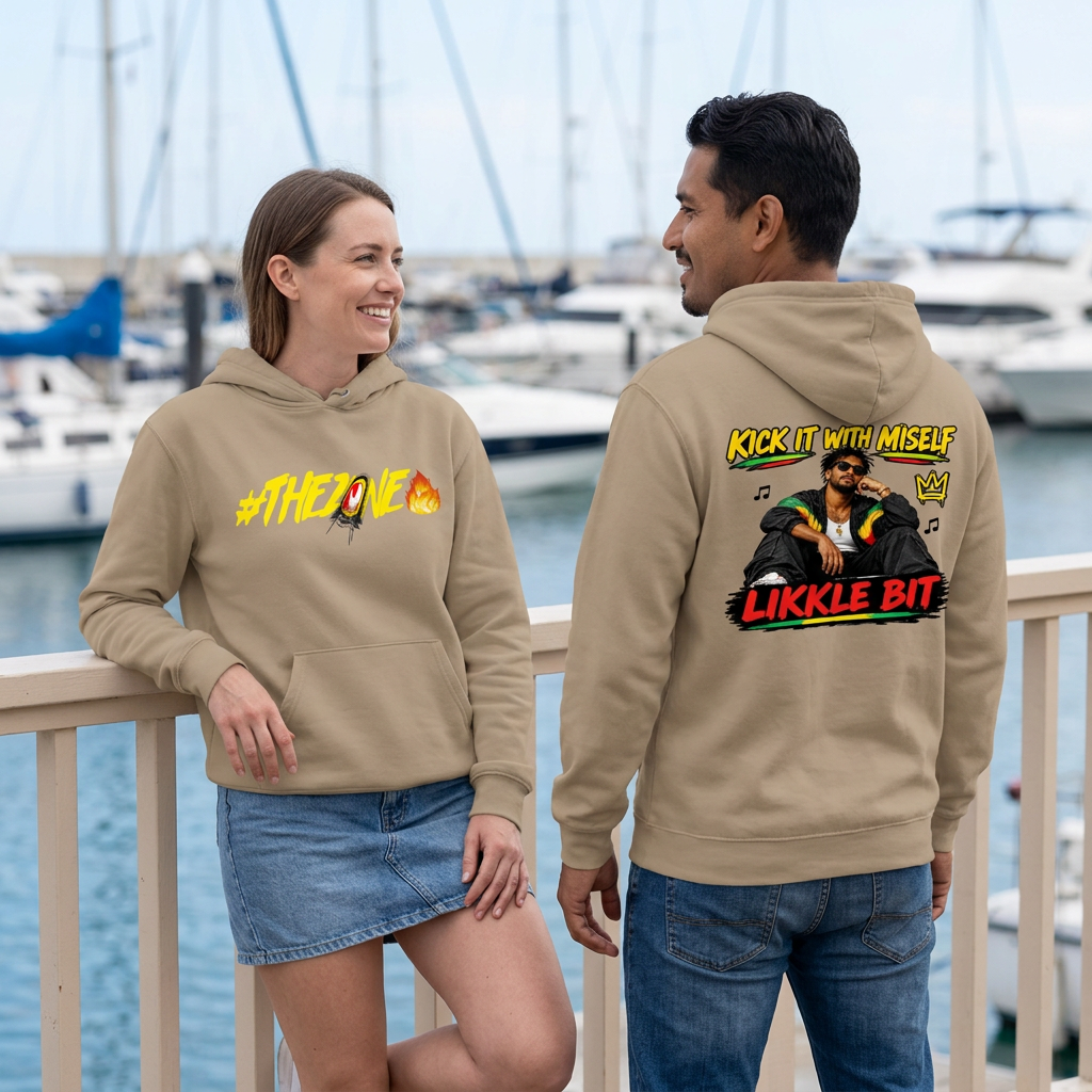 Tan hoodie lifestyle image with woman showing the front and man showing the back beside a marina