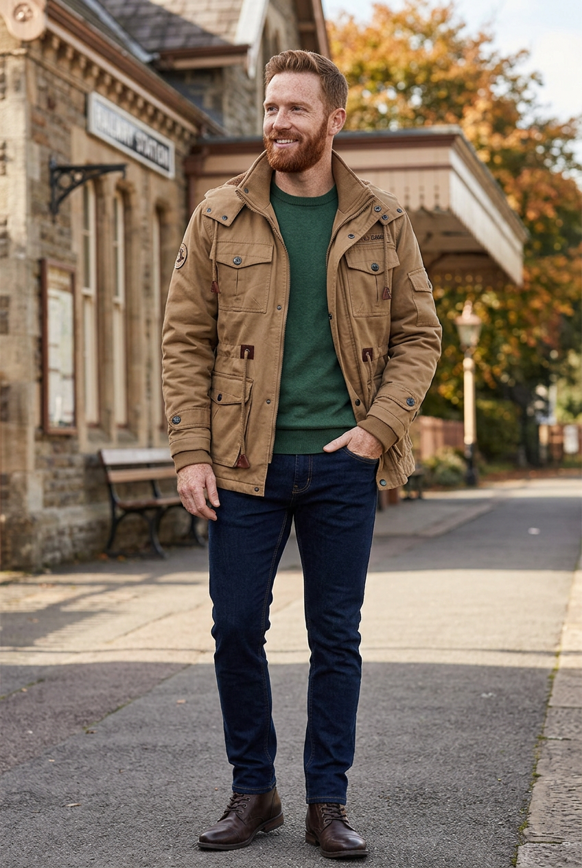 Tan utility jacket styled outside a country railway station