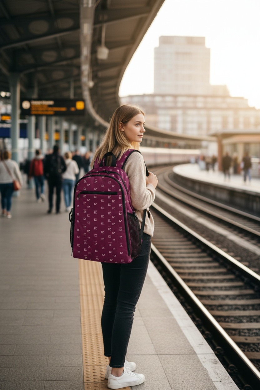 Train platform with printed backpack