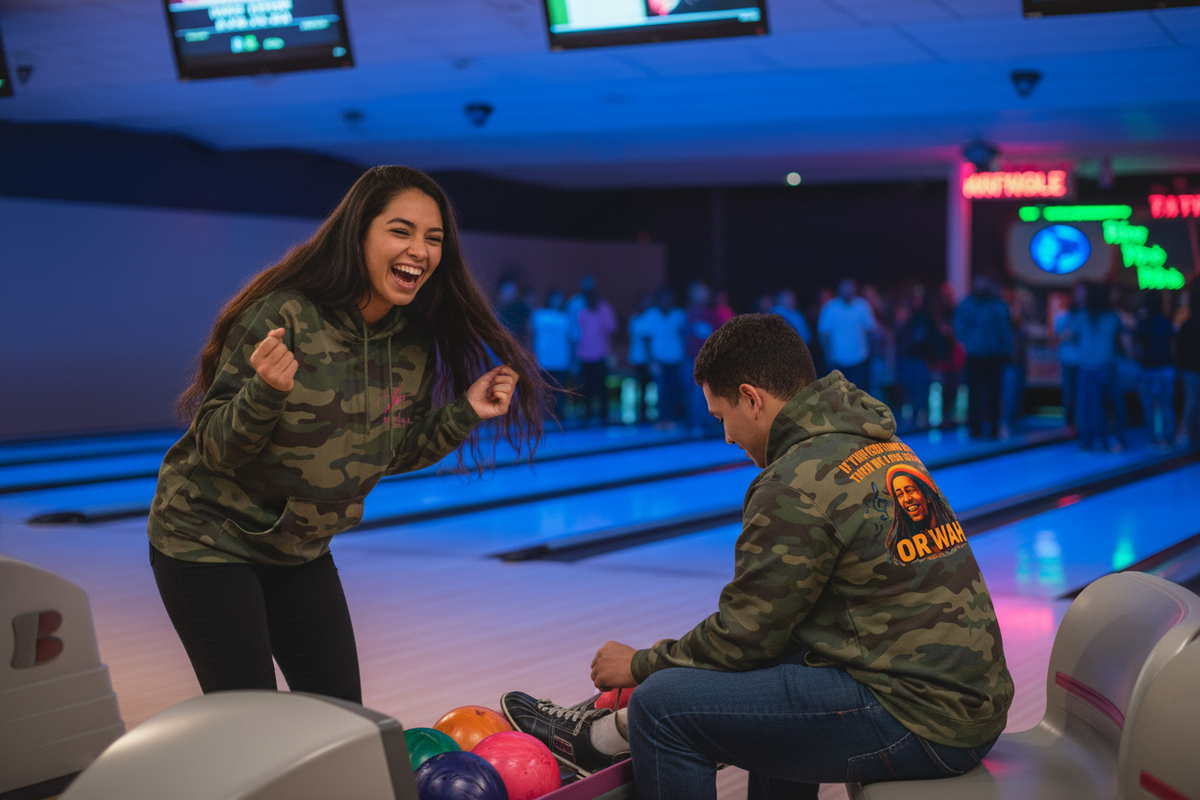 Two friends at a bowling alley wearing the hoodie, front and back visible