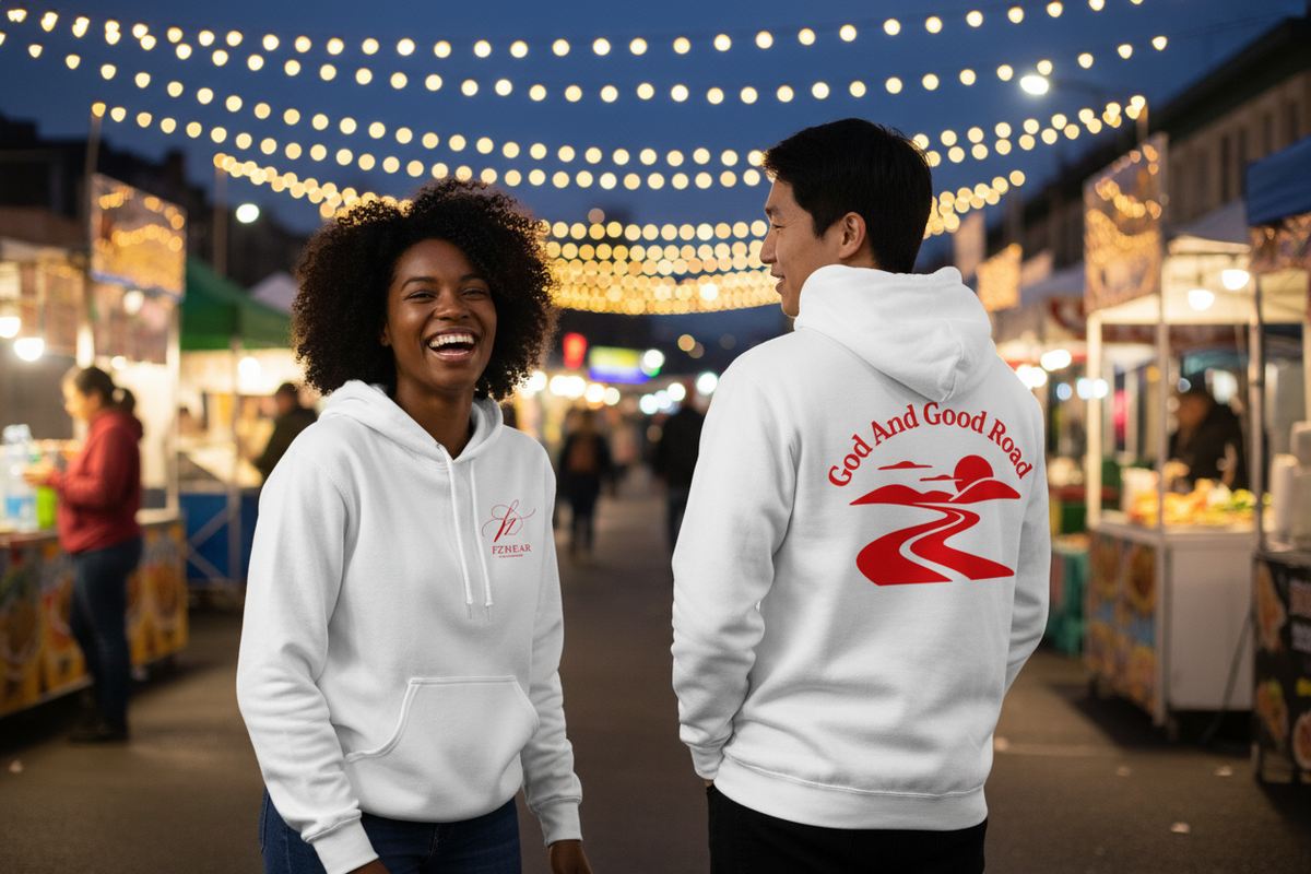 Two friends at a colorful night market, with the hoodie front and back clearly visible
