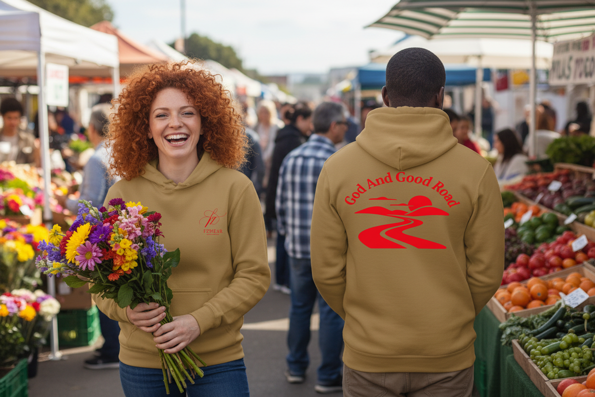 Two friends at a farmers market with the hoodie front and back clearly visible