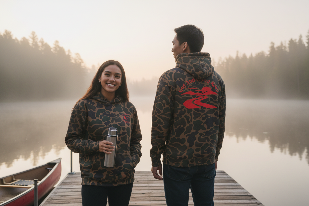Two friends at a lakeside dock with the hoodie front and back clearly visible