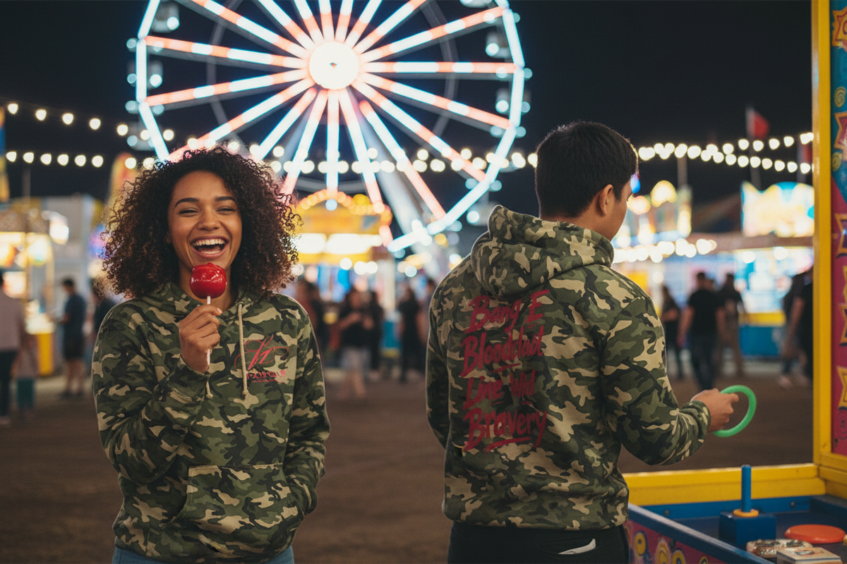 Two friends at a night carnival wearing the classic green camo hoodie, back graphic visible