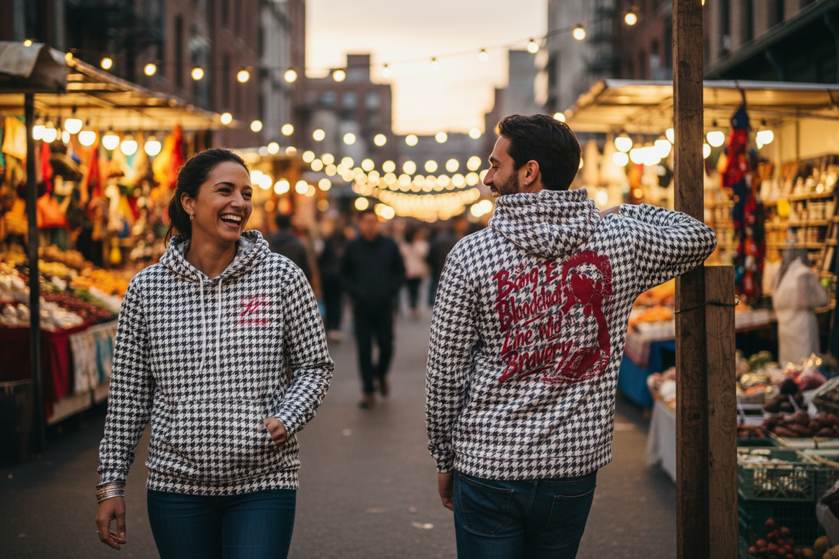 Two friends at a street market at dusk wearing the houndstooth hoodie, back graphic visible