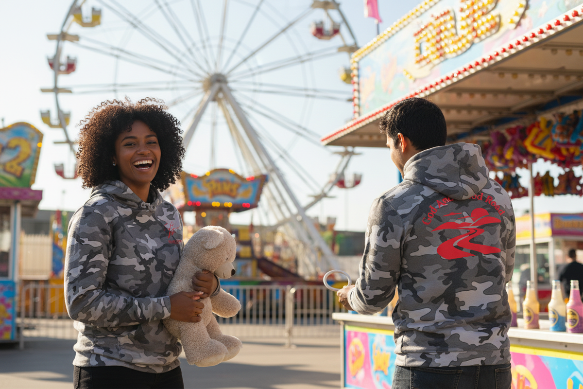 Two friends at an amusement park with the hoodie front and back clearly visible