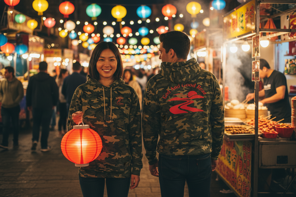 Two friends at an open-air night market with the hoodie front and back clearly visible