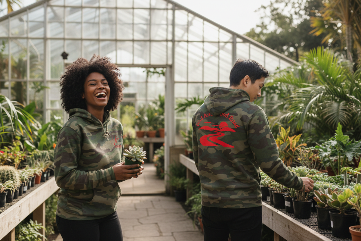 Two friends in a botanical garden with the hoodie front and back clearly visible