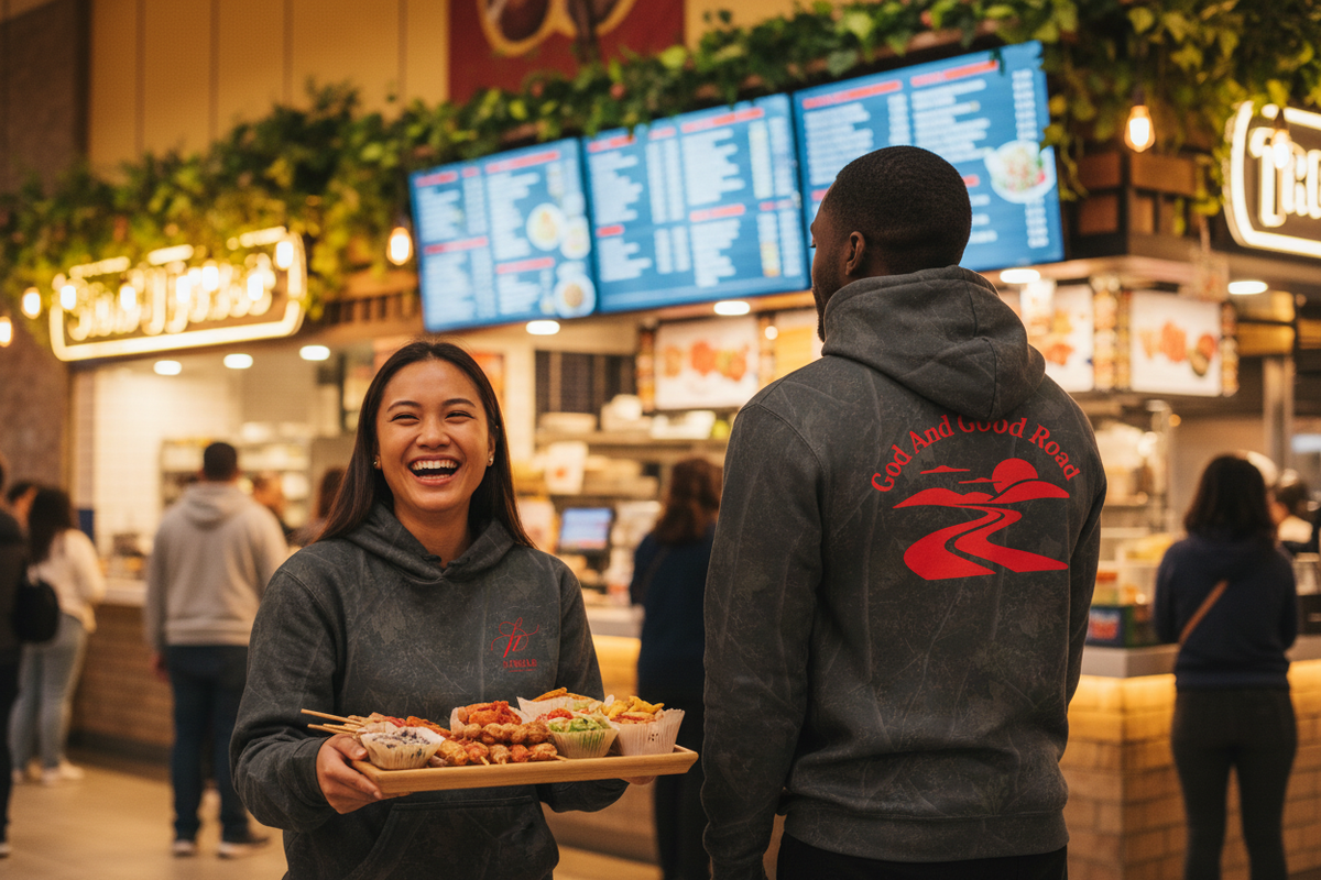 Two friends in a food hall with the hoodie front and back clearly visible