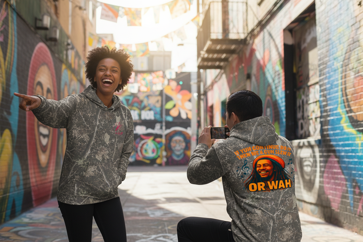 Two friends in a mural alley wearing the hoodie, front and back visible