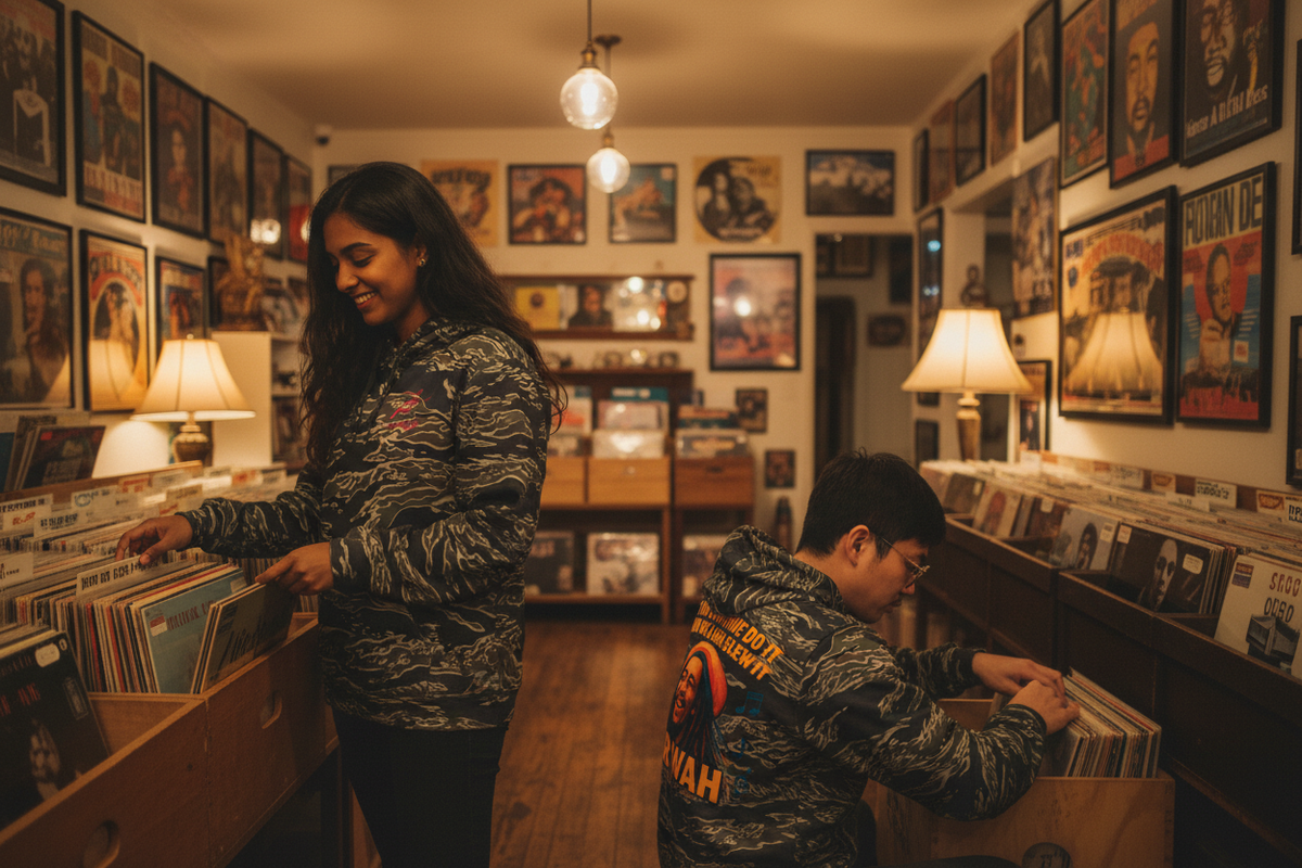 Two friends in a record store wearing the hoodie, front and back visible