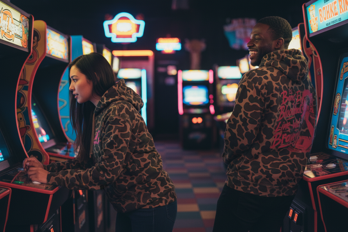 Two friends in a retro arcade wearing the duck camo hoodie, back graphic visible