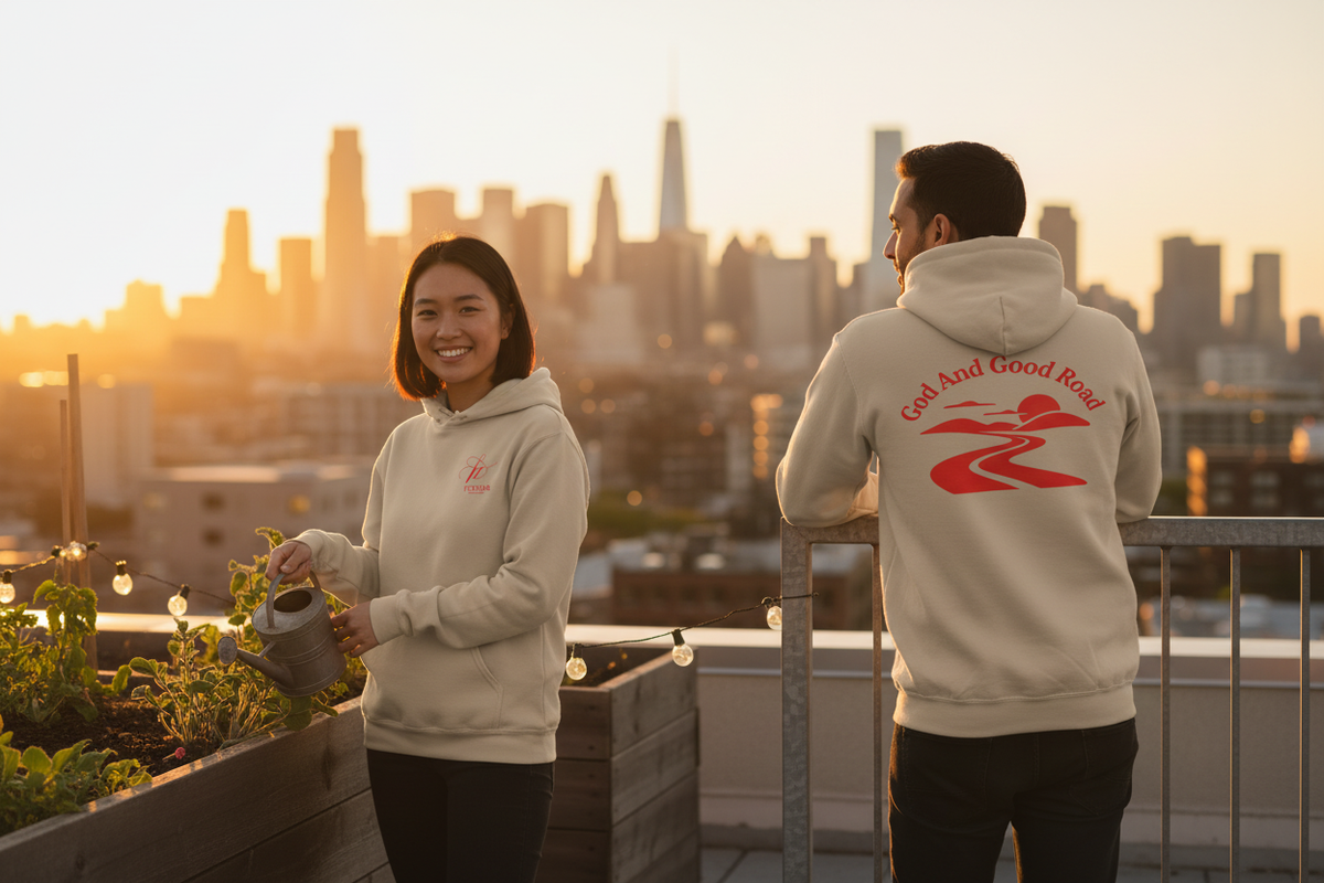 Two friends in a rooftop garden with the hoodie front and back clearly visible