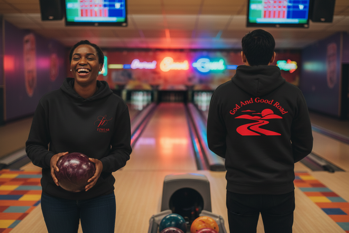 Two friends in a vintage bowling alley with the hoodie front and back clearly visible