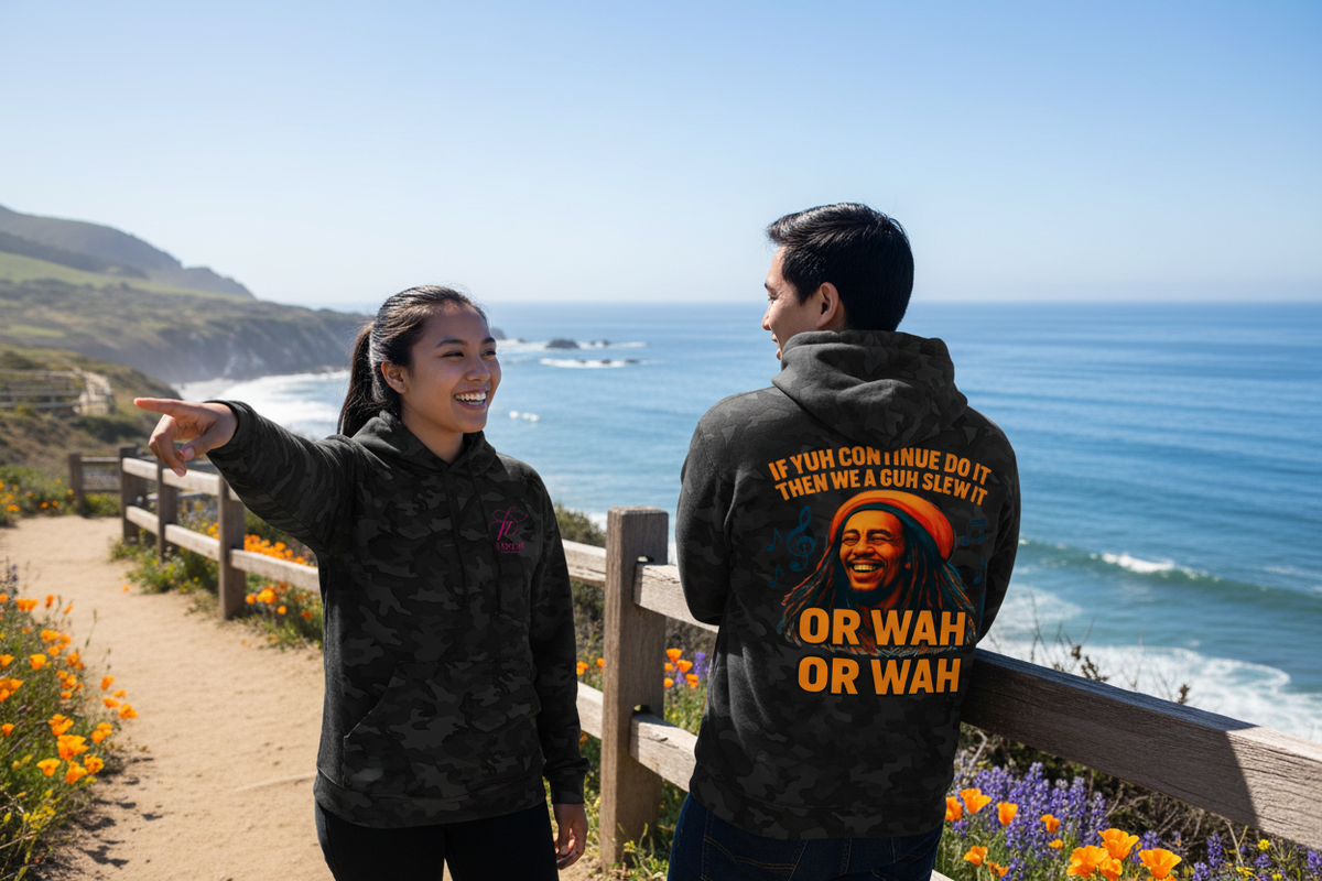 Two friends on a coastal trail wearing the hoodie, front and back visible