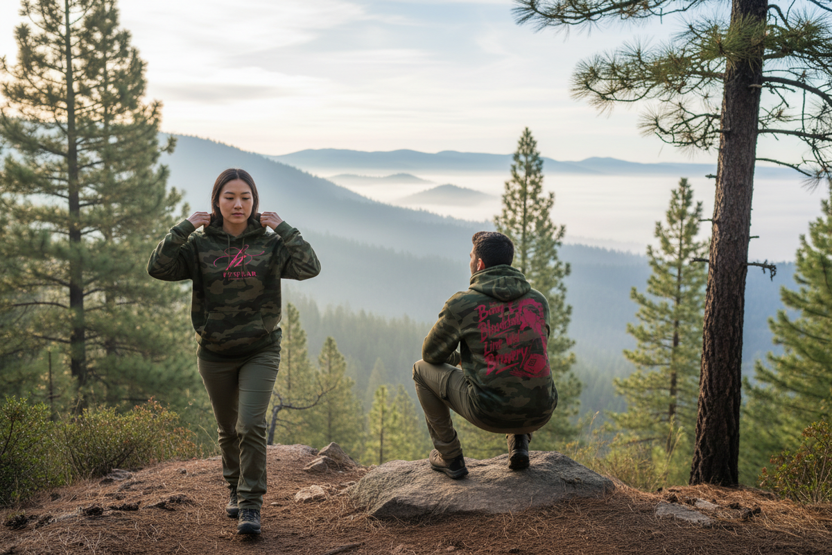 Two friends on a misty forest hiking trail wearing the green camo hoodie, back graphic visible