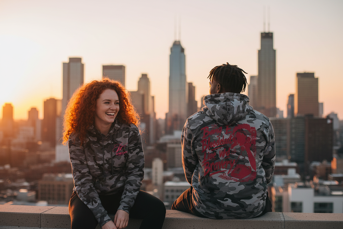 Two friends on a rooftop at sunset wearing the gray camo hoodie, back graphic visible