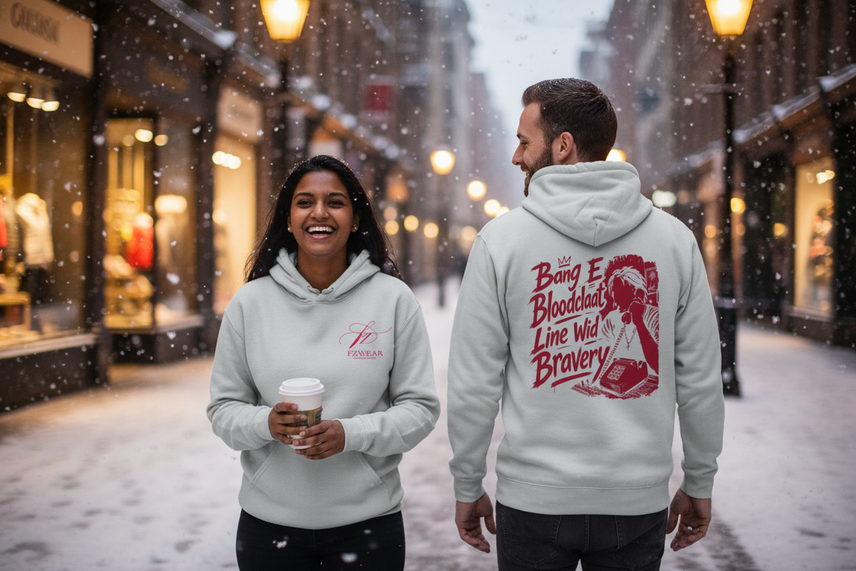 Two friends on a snowy city street wearing the light gray hoodie, back graphic visible