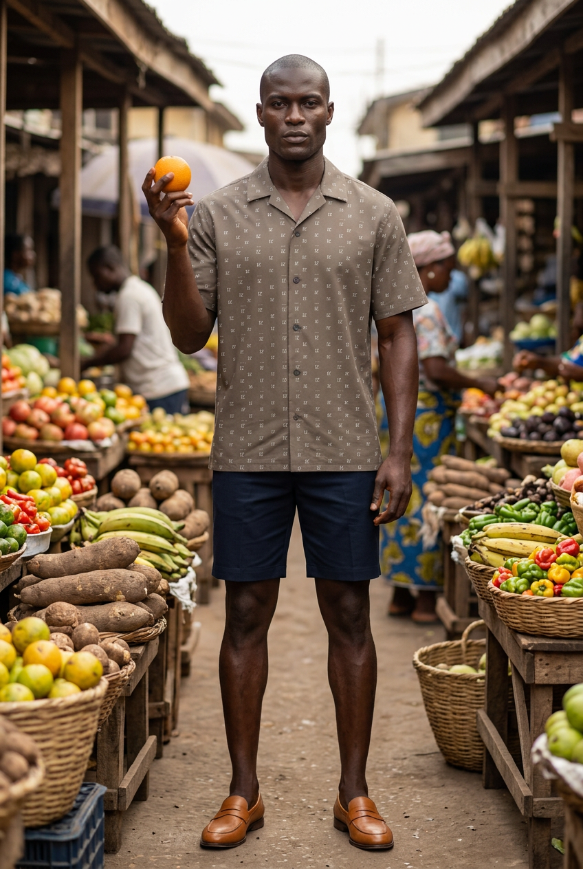 West African model browsing an open-air fruit market