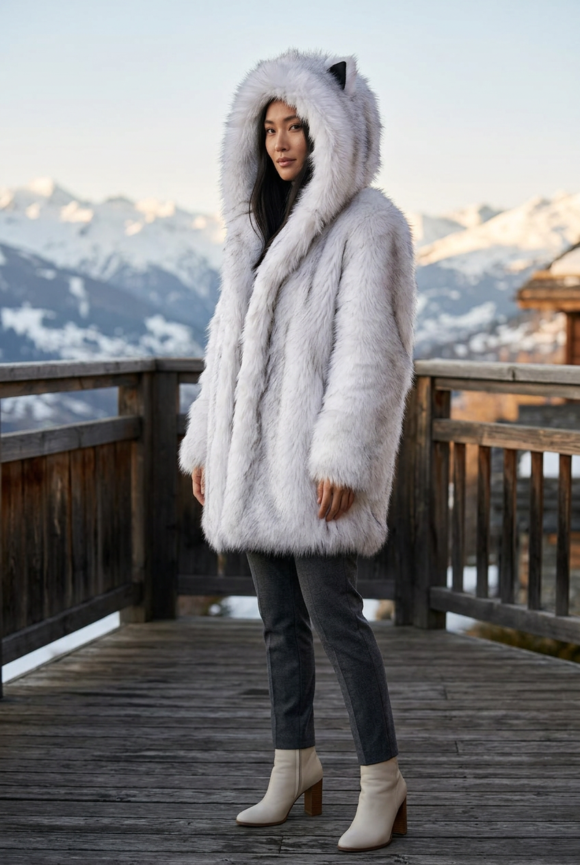 White faux fur ears coat on an East Asian model at an alpine lodge