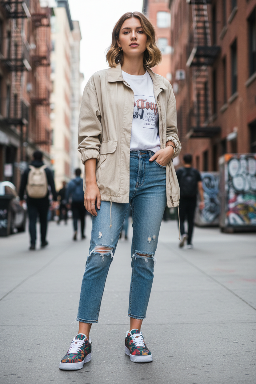 White female model AF1 geometric sneakers