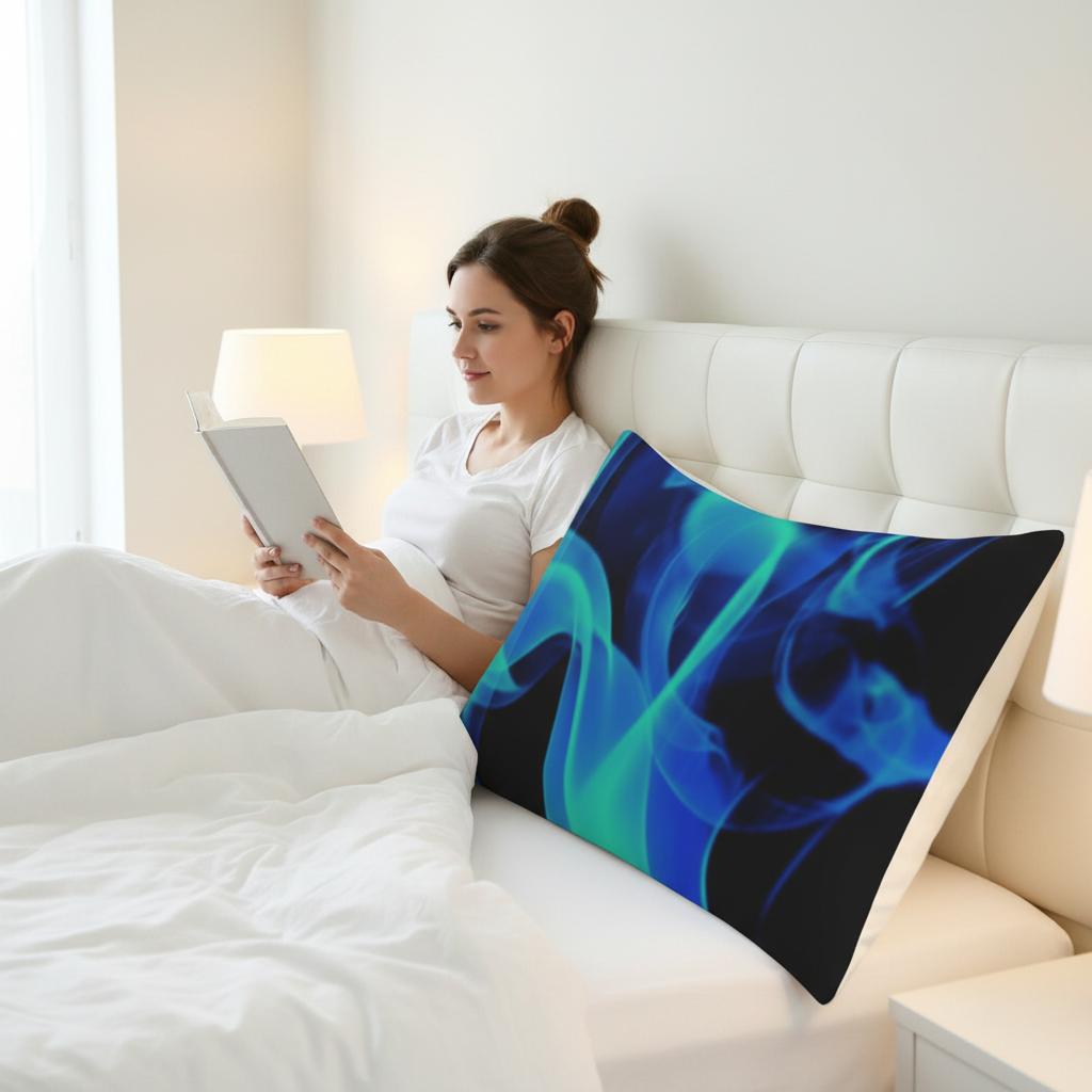 White female model blue flame smoke pillow