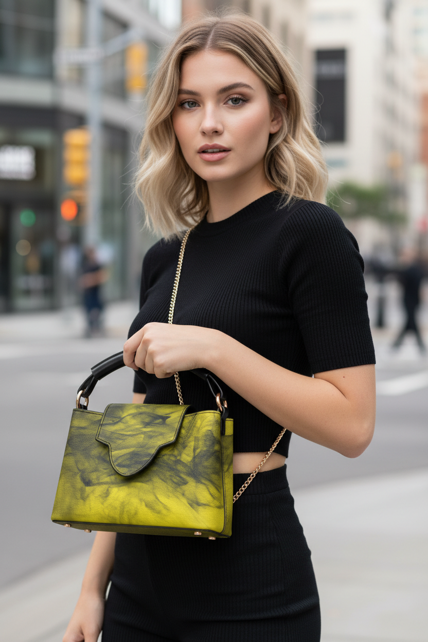 White female model yellow olive crossbody handbag