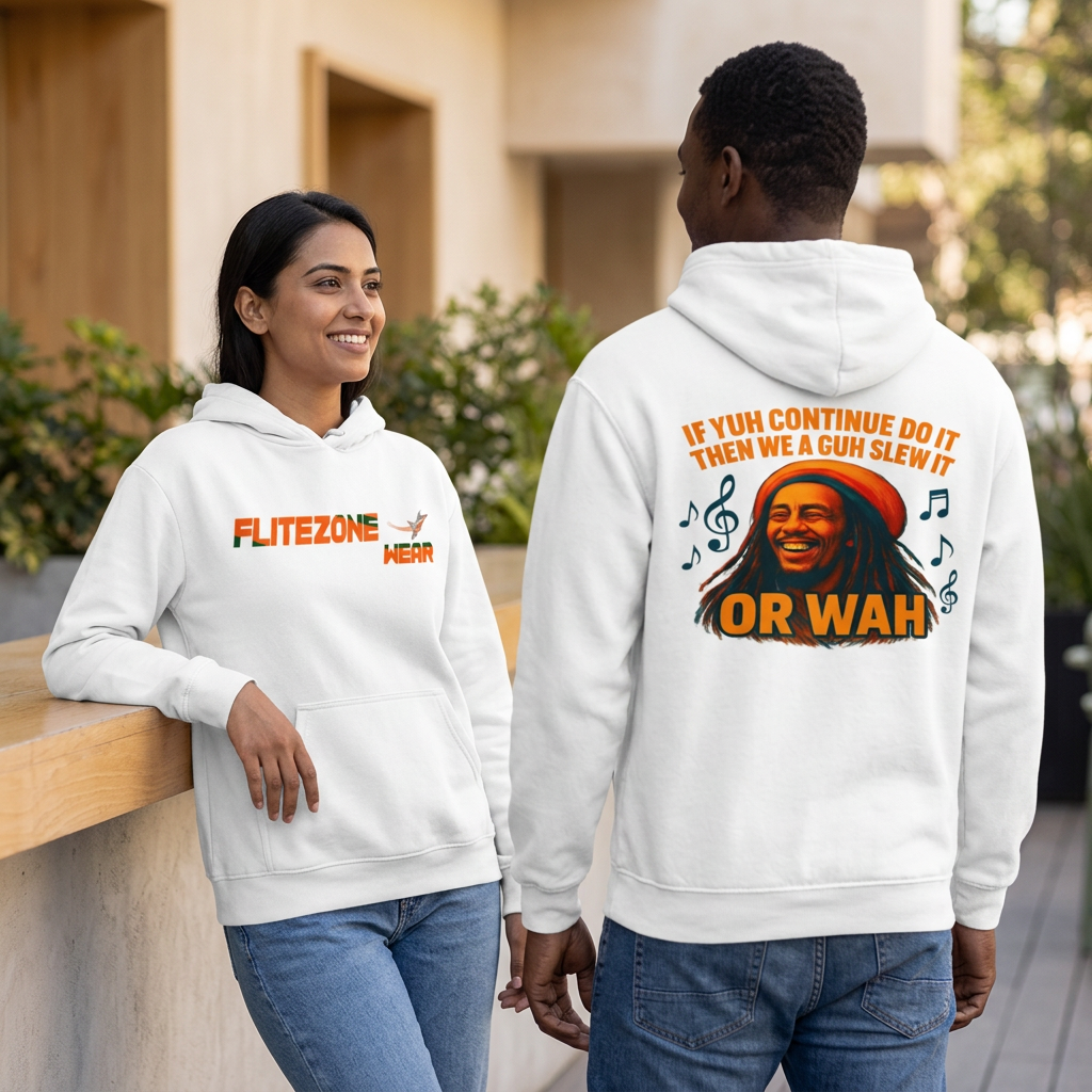 White hoodie redo with relaxed conversational poses, woman showing the front and man showing the back
