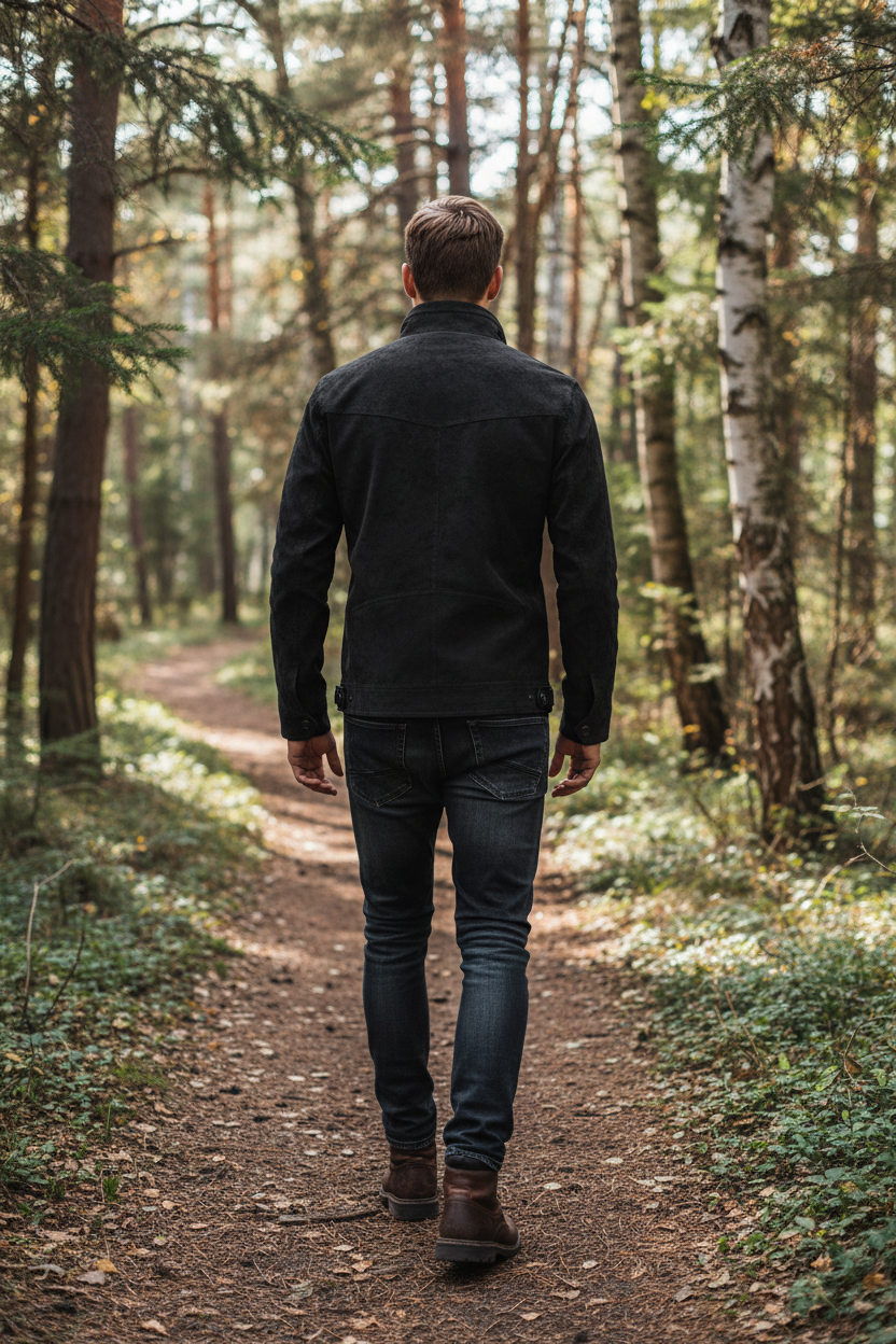White male model, back view of black moto jacket