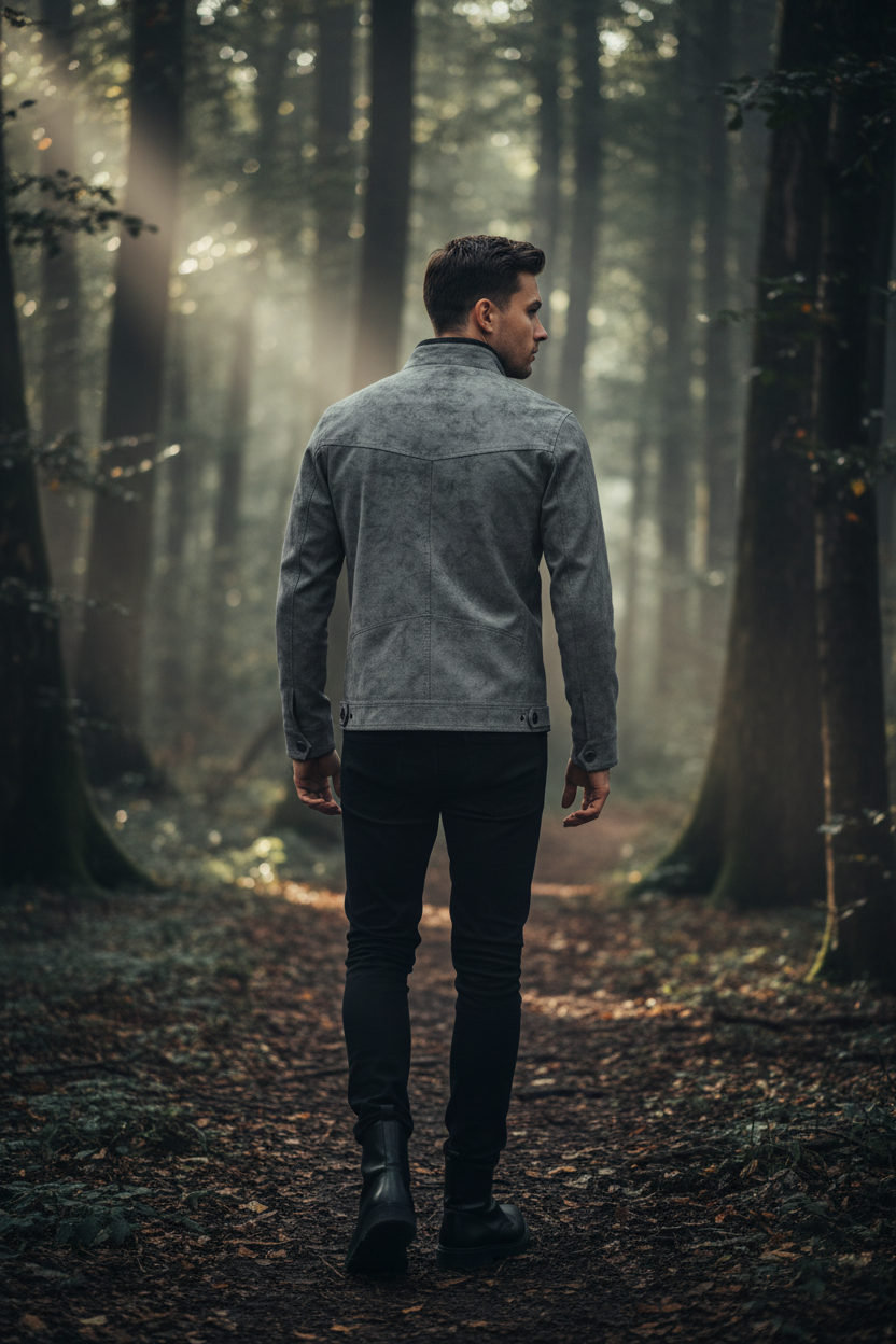 White male model, back view of charcoal-gray moto jacket