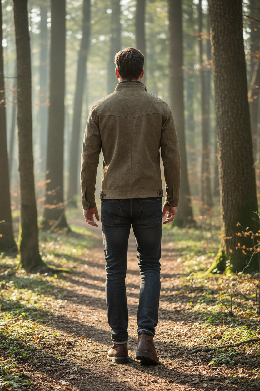 White male model, back view of olive-brown jacket