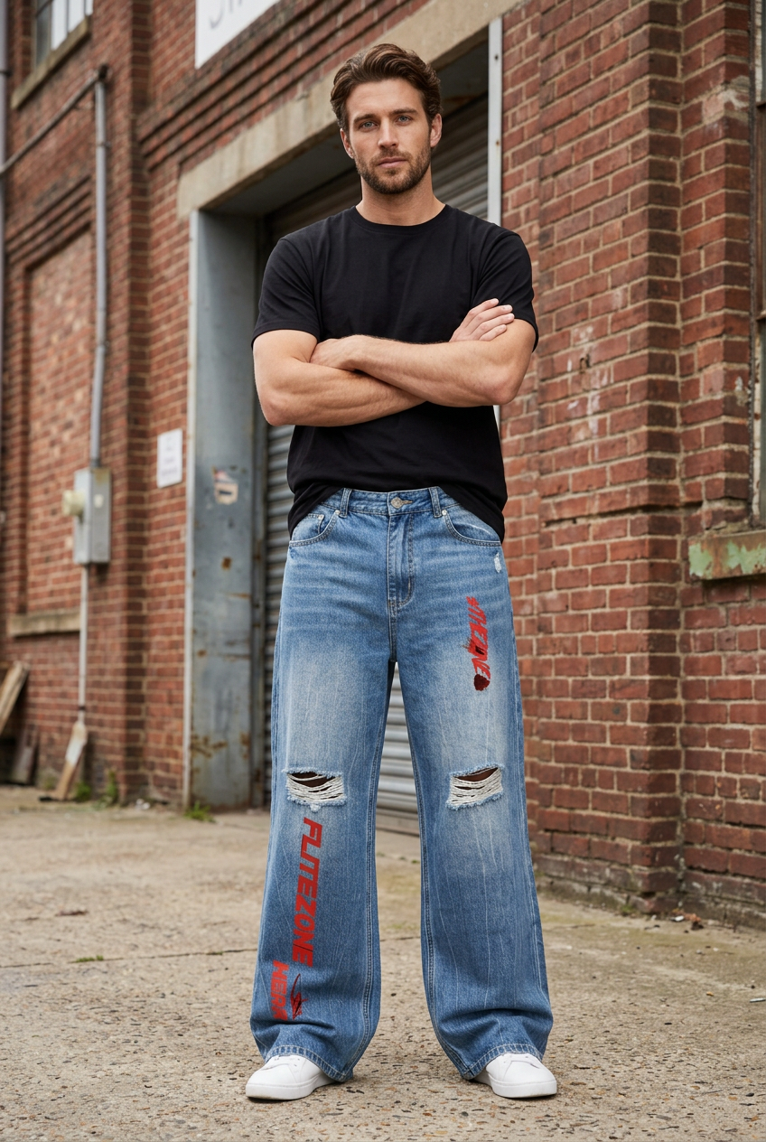 White male model outside a brick warehouse