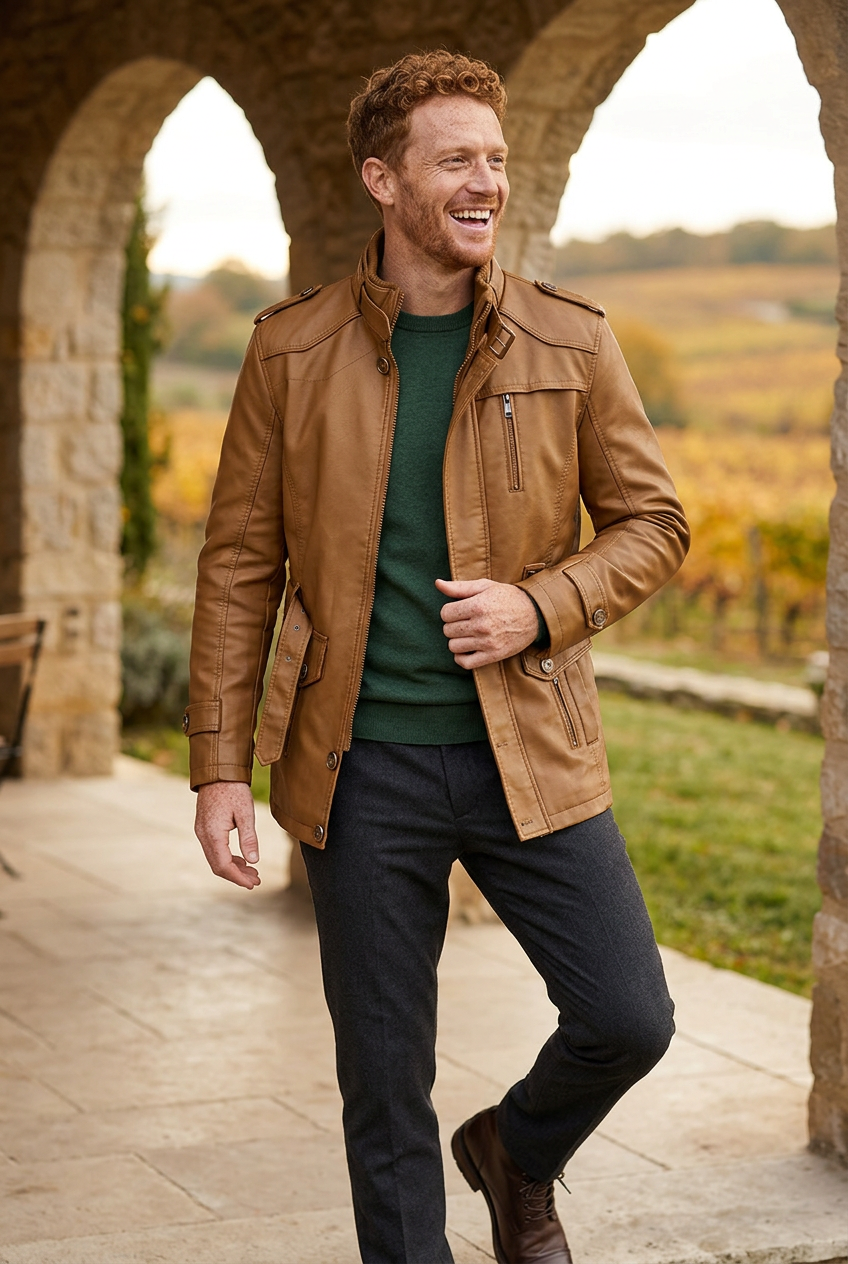 White male model wearing the tan jacket on a vineyard terrace