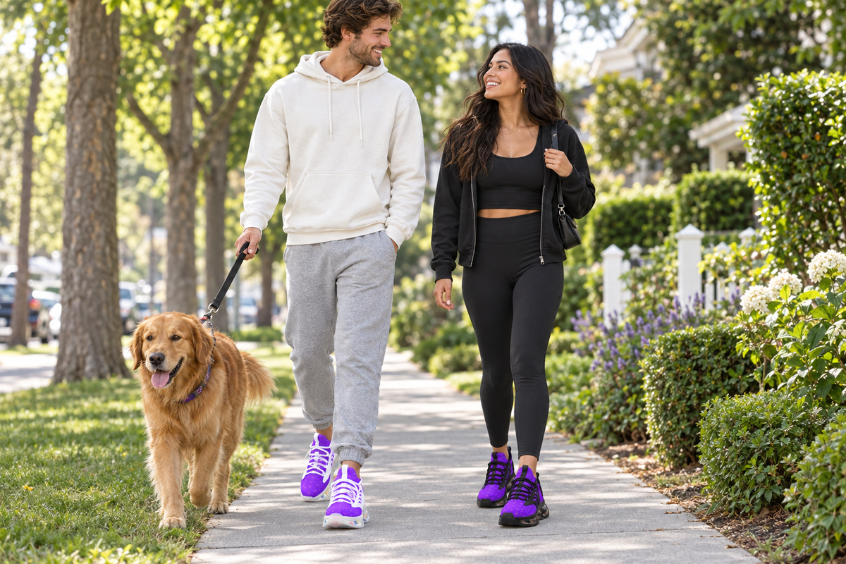 White man and Latina woman walking a dog on a suburban sidewalk in the purple Z-logo sneakers