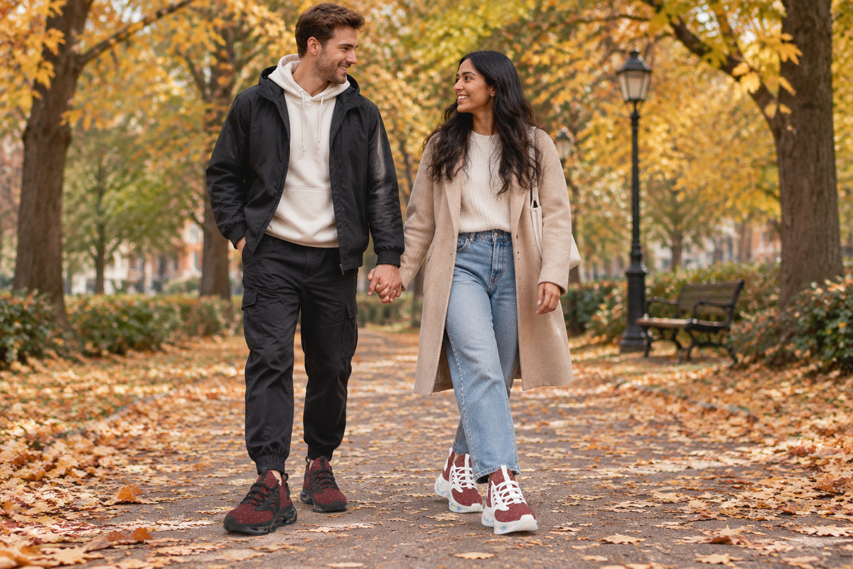 White man and South Asian woman walking through an autumn park in burgundy sneakers