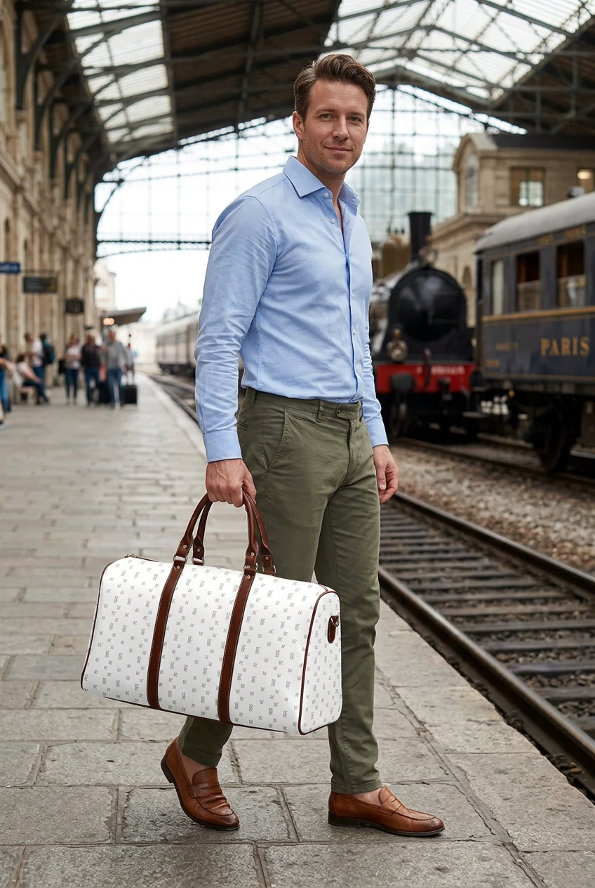 White man carrying the travel bag along a railway platform