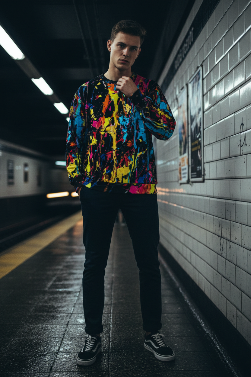 White man in black paint splatter sweatshirt, subway setting