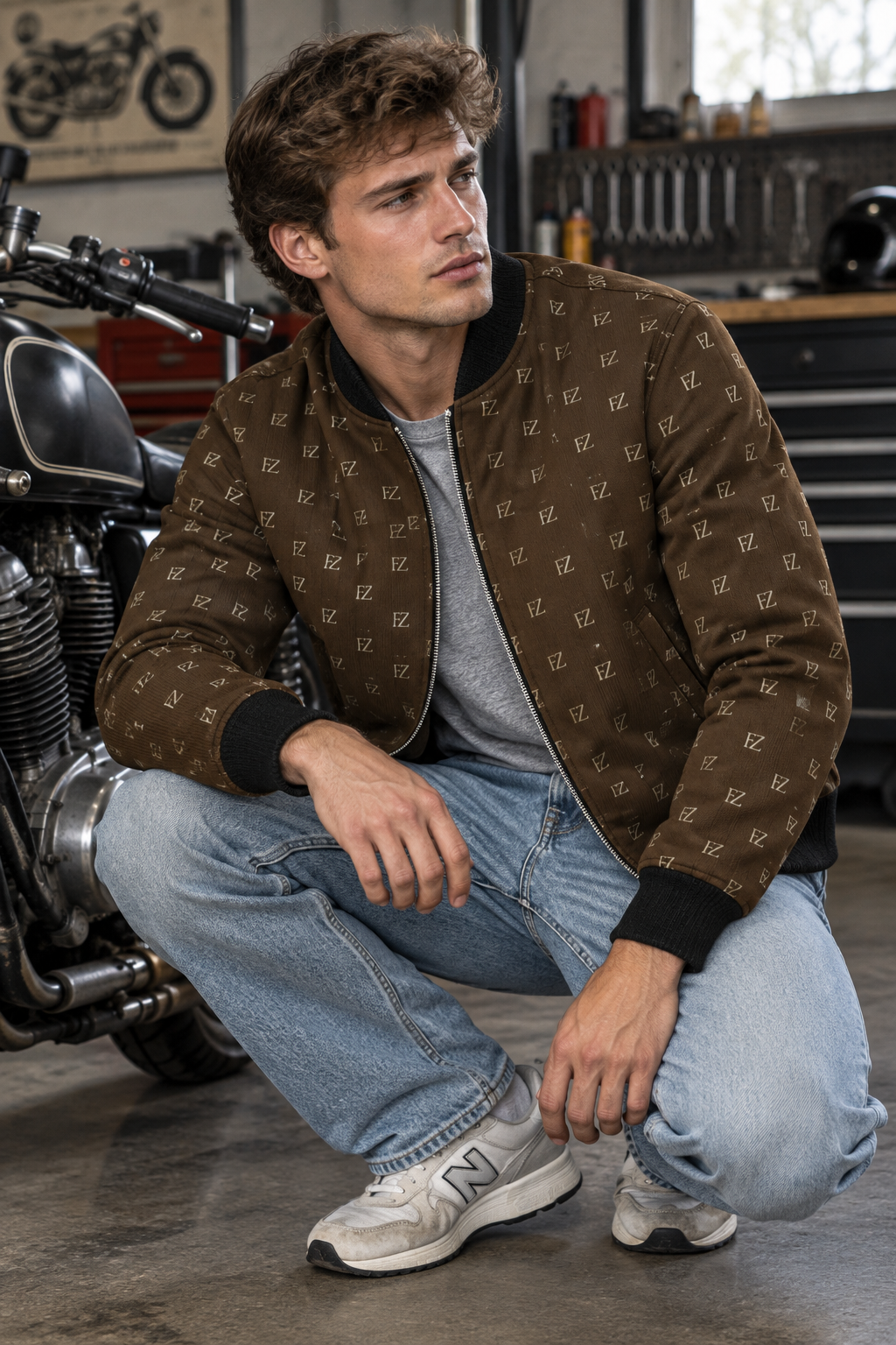 White man in the brown FZ bomber beside a motorcycle in a garage