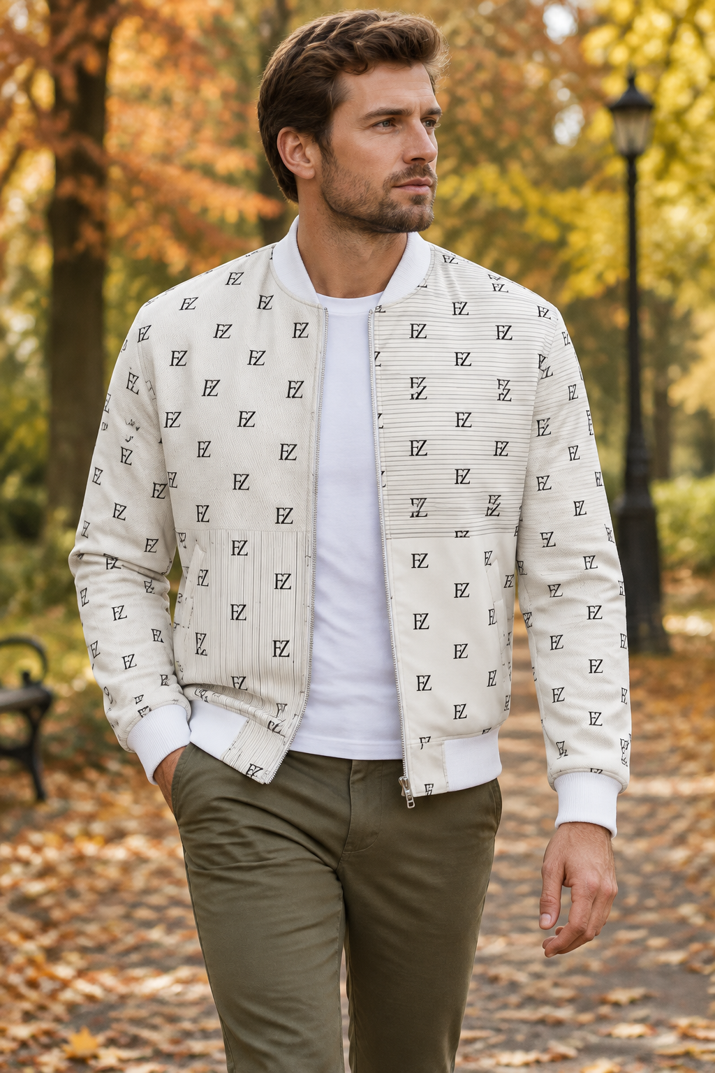 White man in the FZ denim bomber on an autumn park path