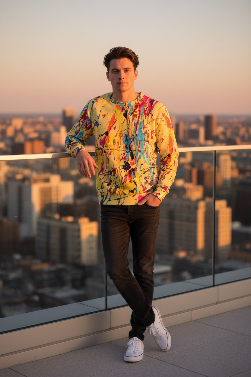 White man in yellow paint splatter sweatshirt, rooftop setting