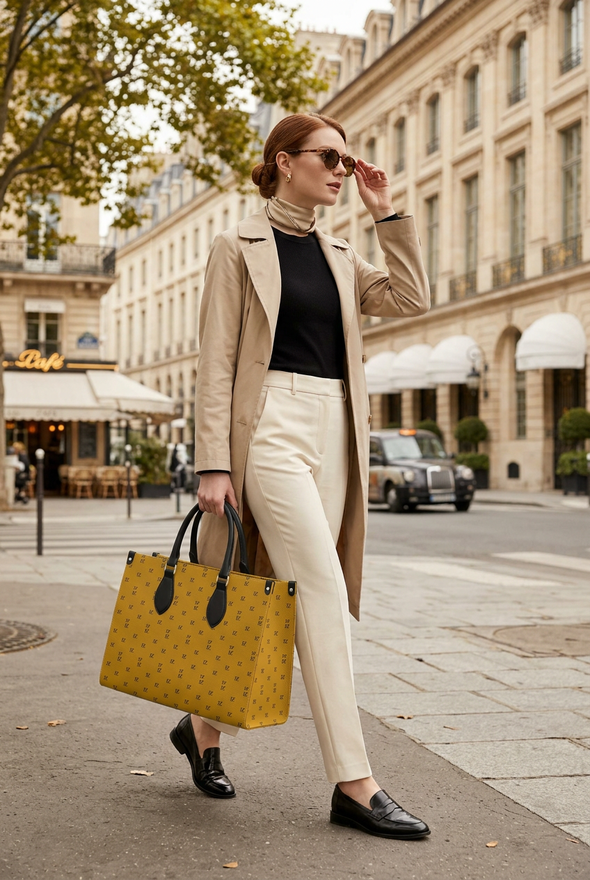 White model carrying the jumbo handbag on a Parisian boulevard