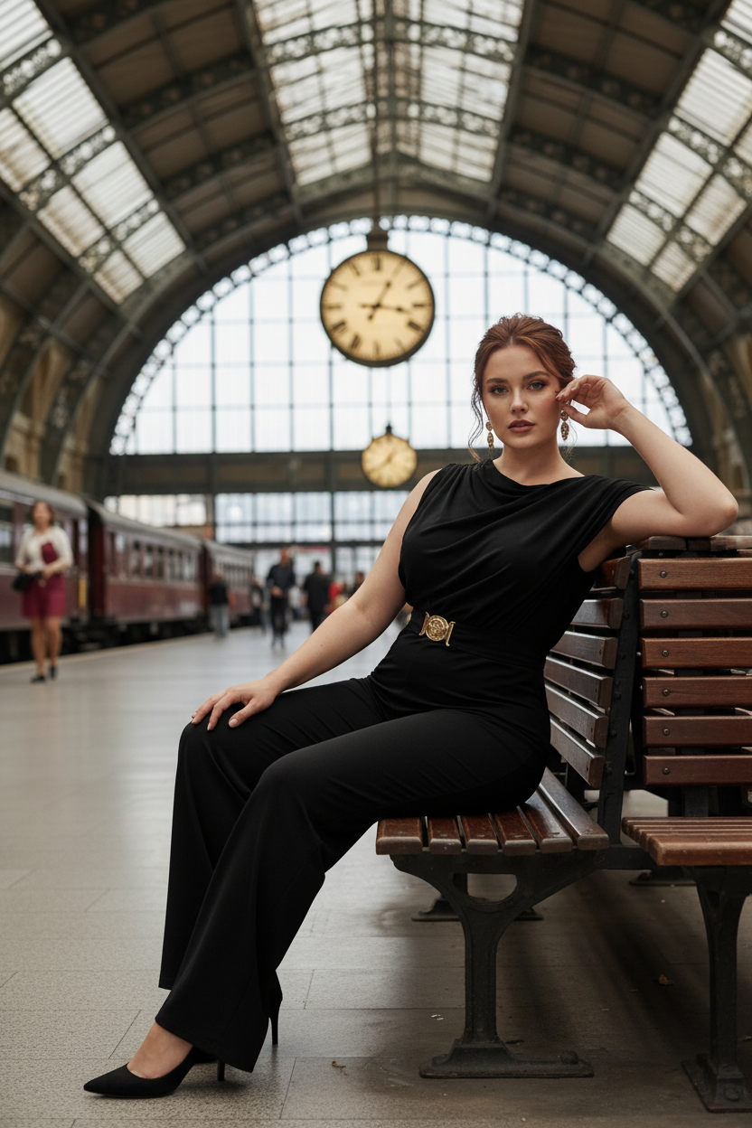 White model in jumpsuit at a European train station