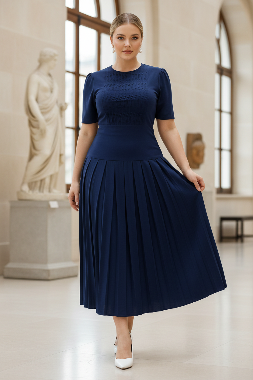 White model in navy pleated set in a museum gallery