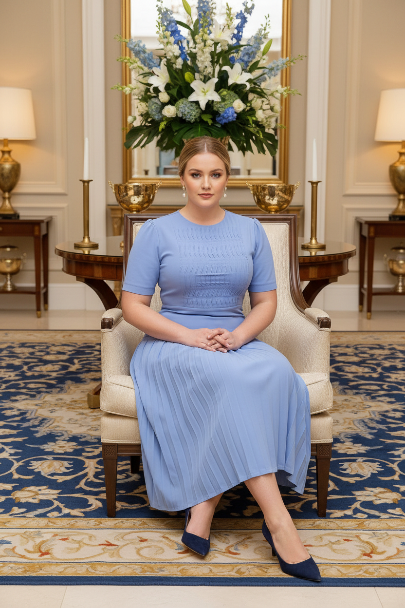 White model in powder-blue pleated set in a hotel lobby