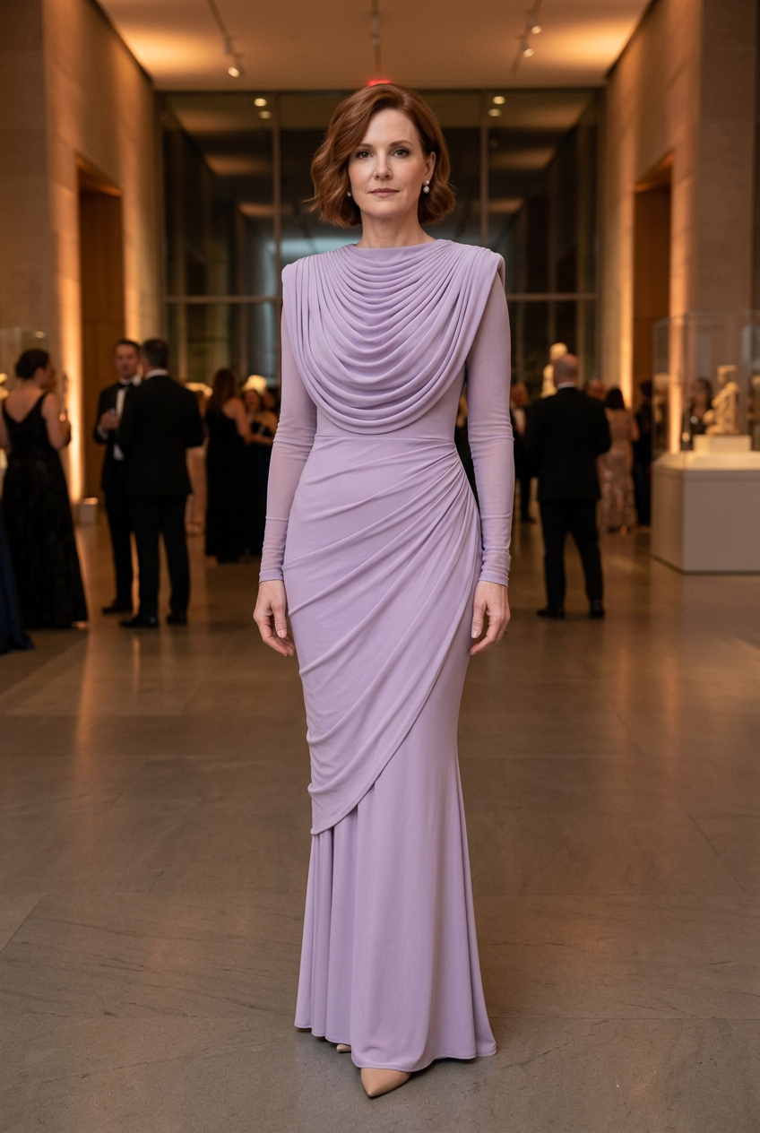 White model in the lavender gown with nude pumps at a museum evening reception