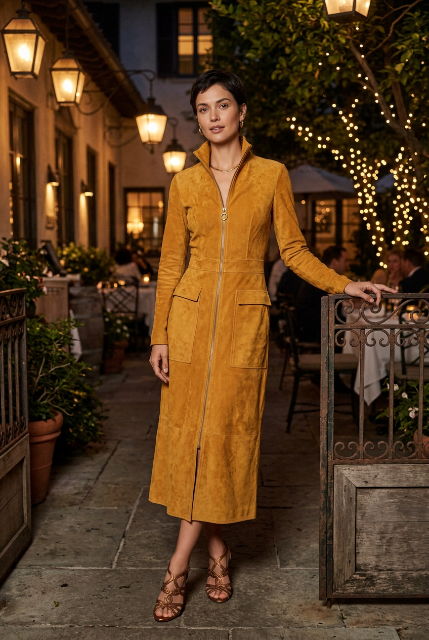 White model in the mustard suede dress with bronze heels at a courtyard restaurant