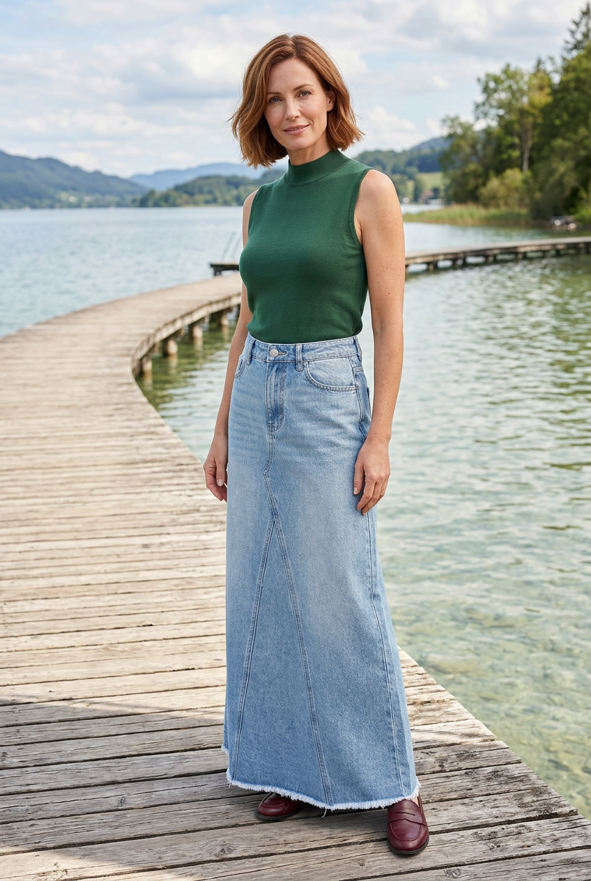 White model on a lakeside boardwalk