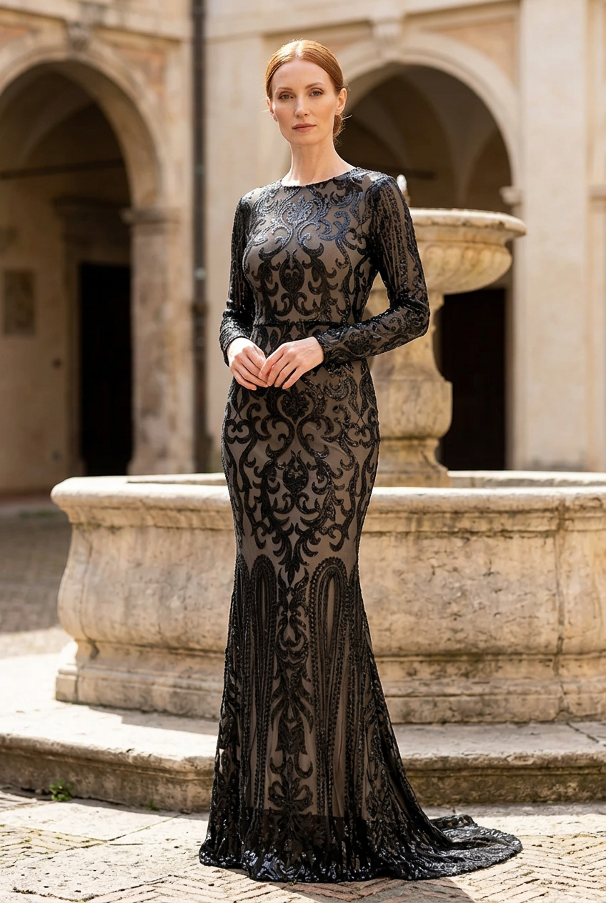 White model posing beside a historic courtyard fountain